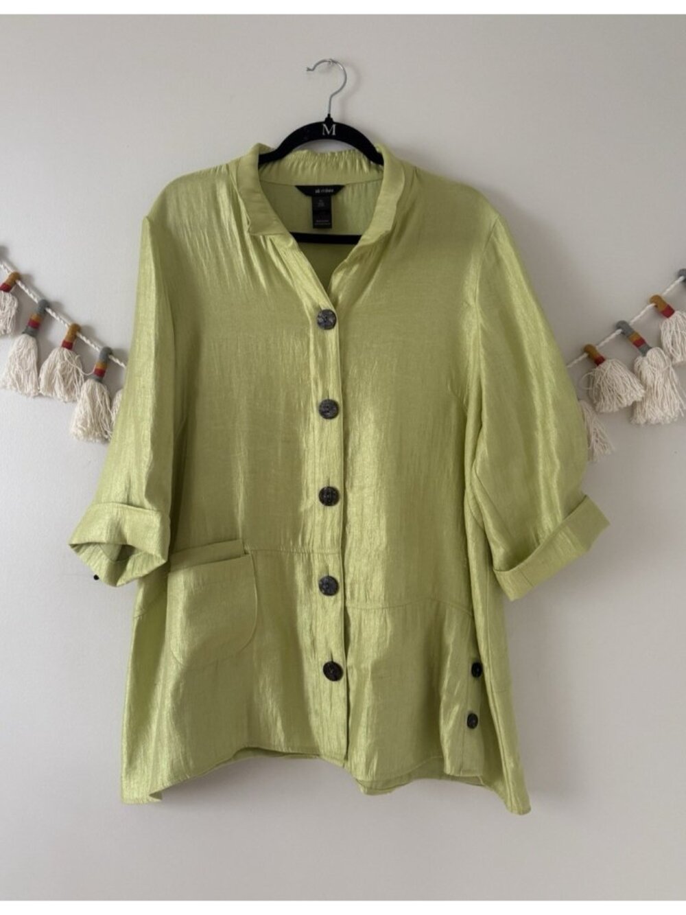 Ali Miles Sheen Green Button Up Tunic Top Lagenlook Career Wear Artsy Dressy XL